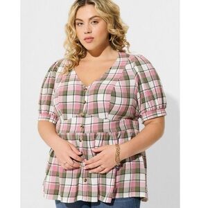 Torrid plus size 3 pink green plaid Babydoll Crinkle Flannel Gauze Short Sleeve